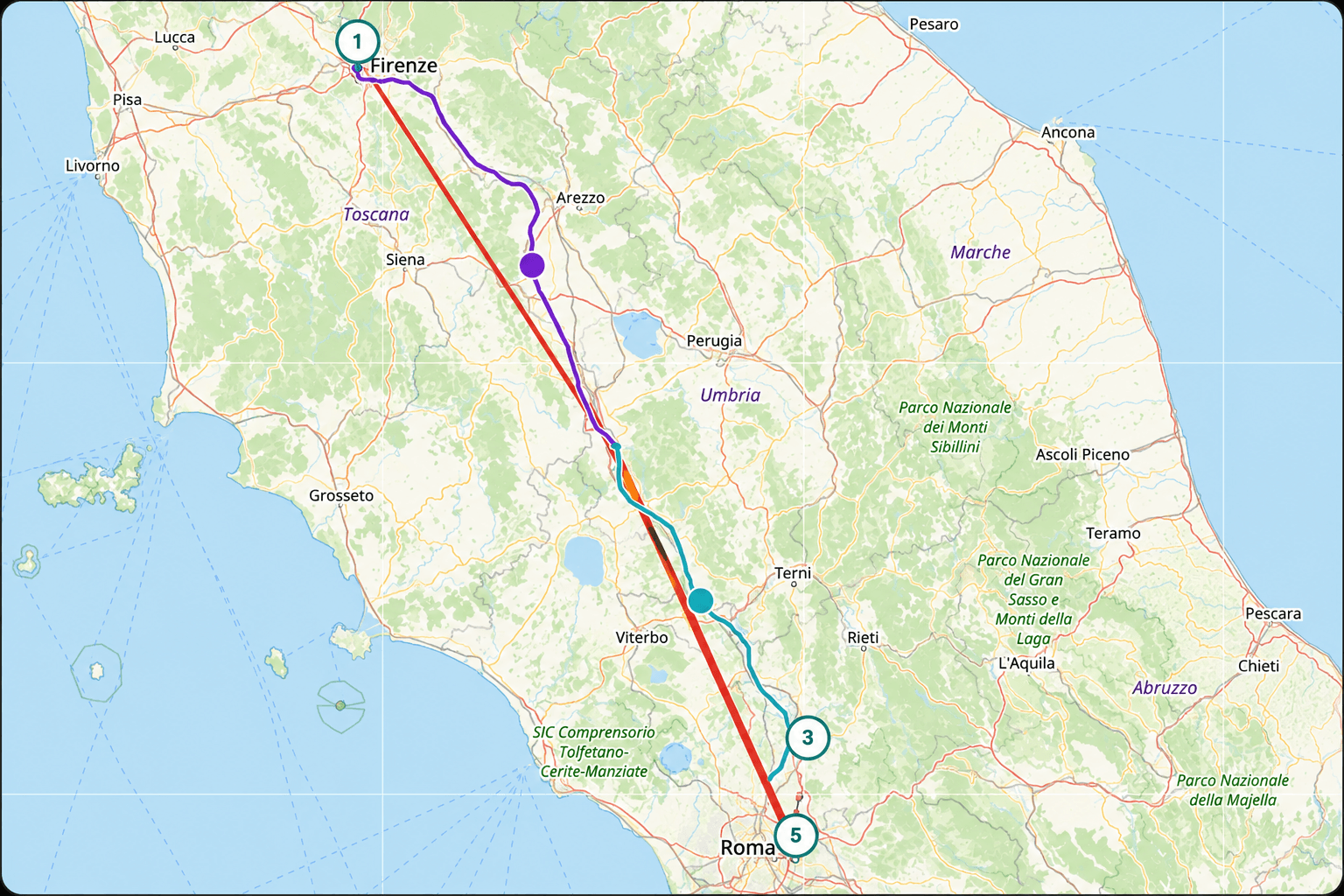 CO3 dashboard showing a relay swap route from Florence to Rome — two tractors, three legs, one continuous trailer journey